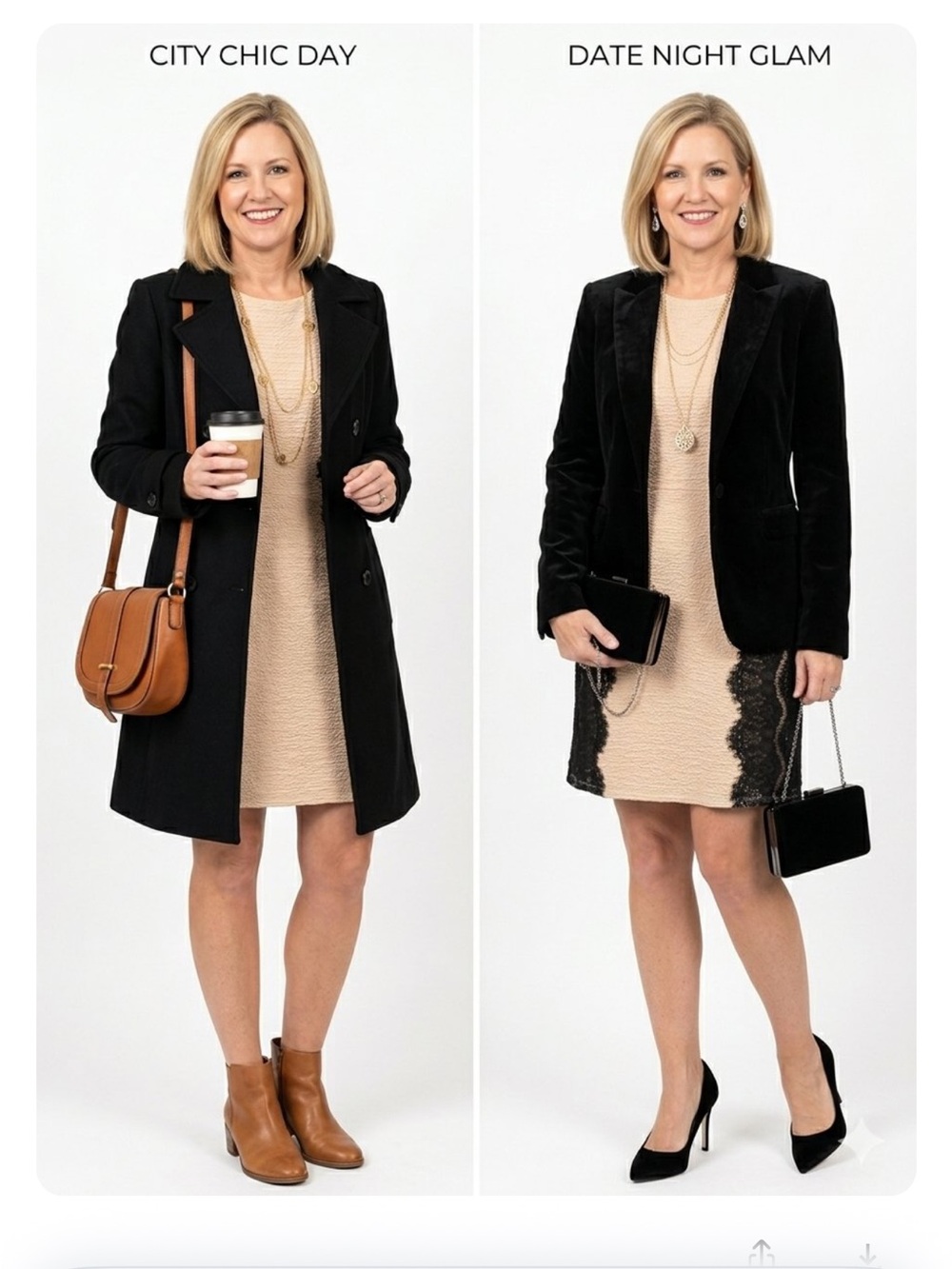 Luxology Color-block Beige Dress with Black Lace Panels
